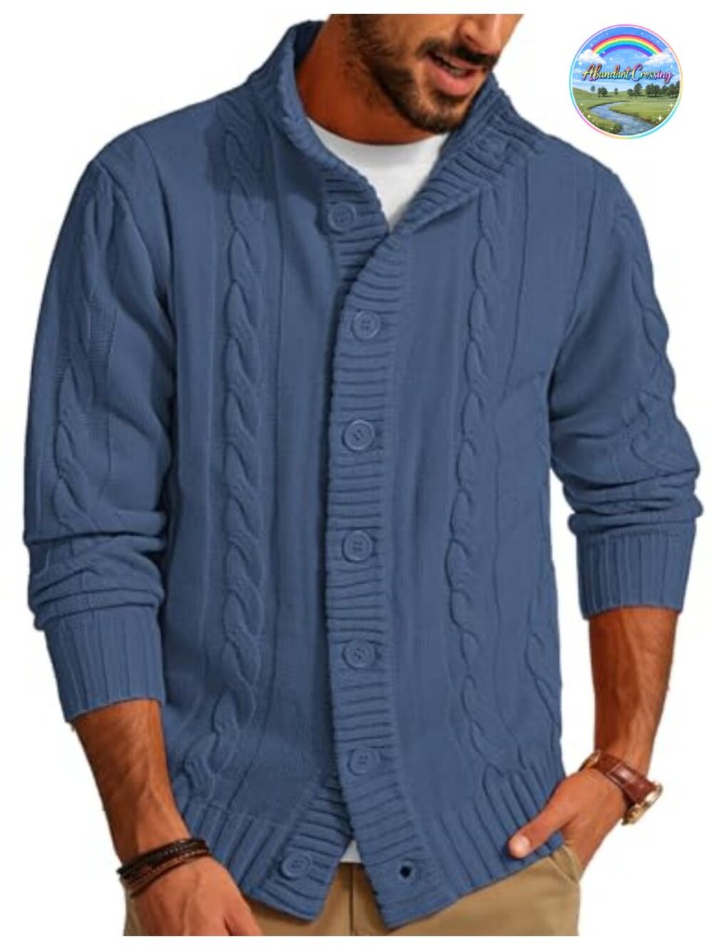 Mens Cable Knit Cardigan Button Down Mock Neck Sweater Slim Fit